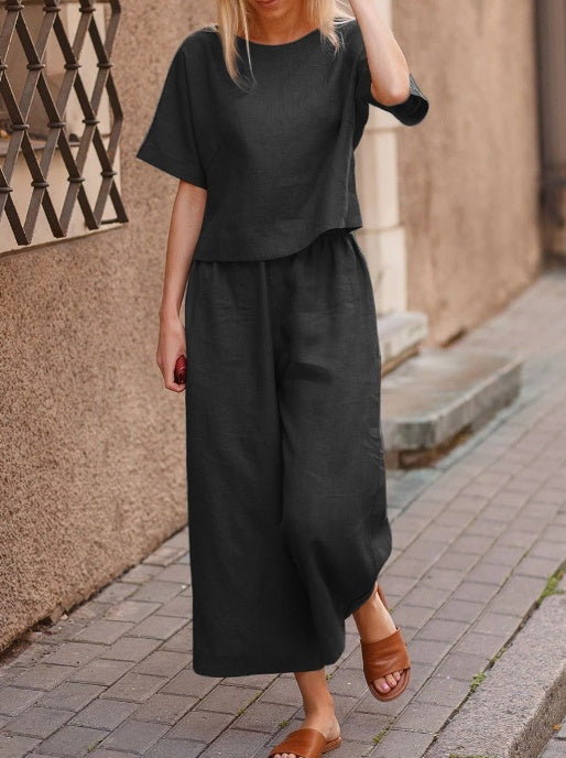 European And American Women's Linen Casual Loose Solid Color Suit Two-piece Women Black