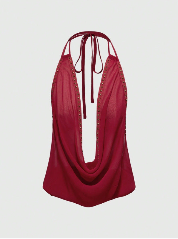Solid-color Top With Studs Sexy Womens Clothing Wine Red
