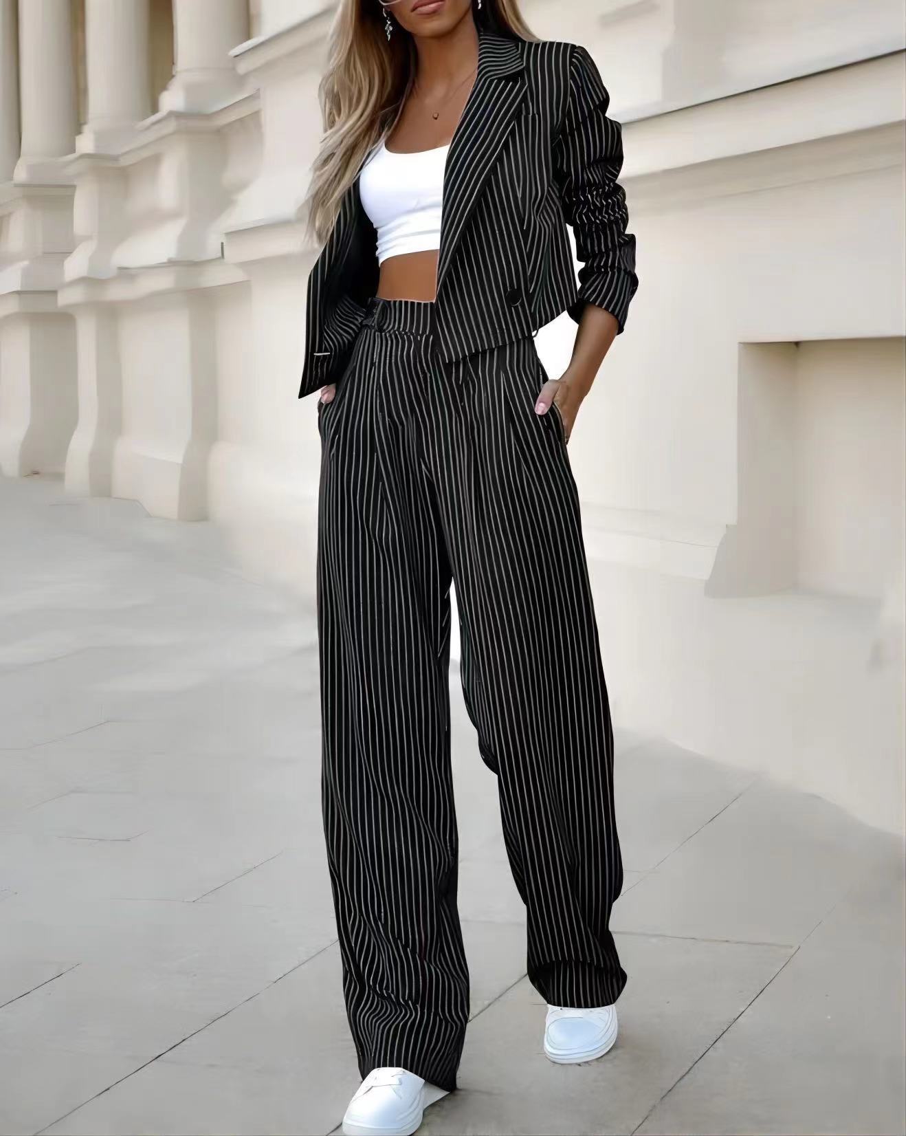 Women's Spring Fashion Striped Suits Casual Lapel Long Sleeve Cropped Top And Straight Pants Outfits Women's Clothing Black