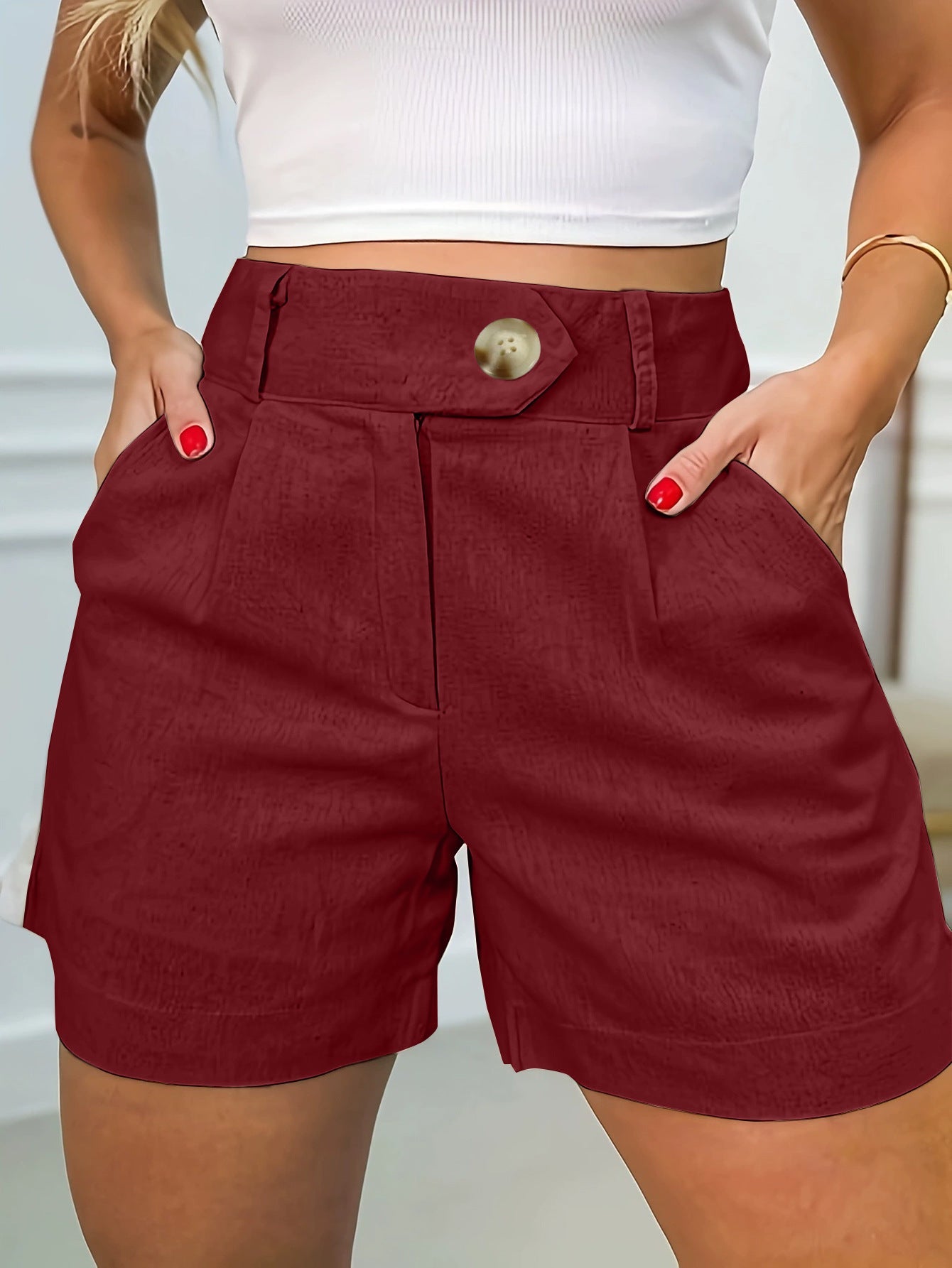 Women's Fashion Casual High Waist Pure Color Suit Shorts Brick Red
