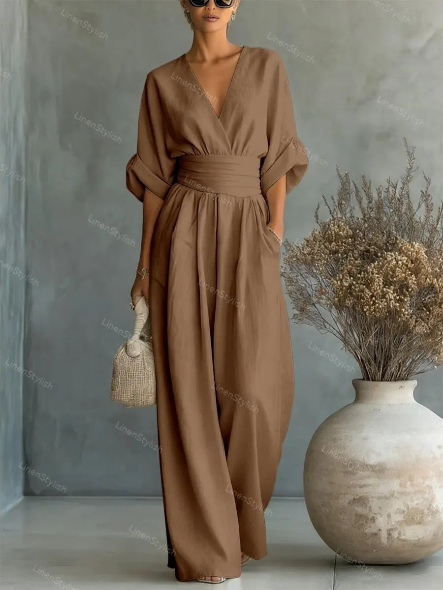 Waist-cinching V-neck Elegant Womens Jumpsuit Dark Brown