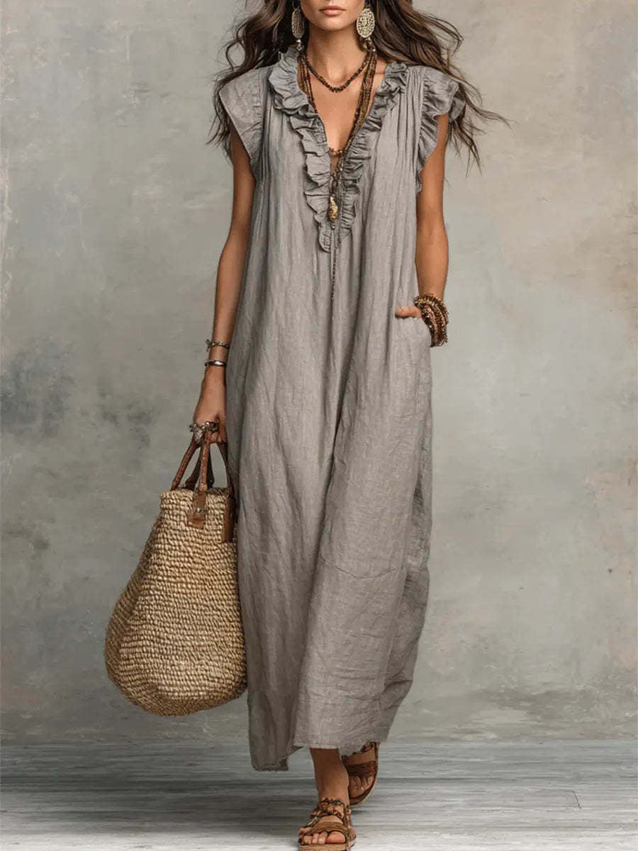 Women's Spring Summer Pocket Ruffle Elegant Dress Grey