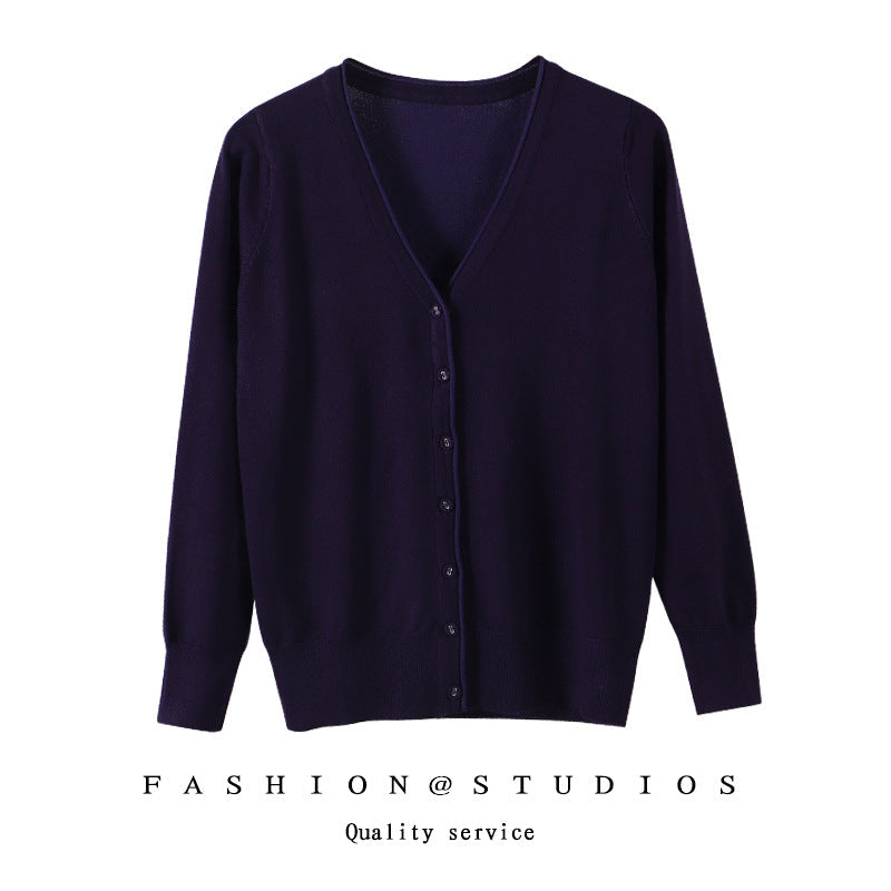 Women's Slim-fit SpringAutumn Plus-size Knitted Cardigan Dark Blue