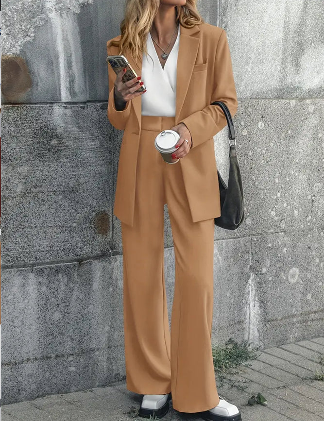 Women's Fashion Casual Solid Color Coat Trousers Suit Light brown