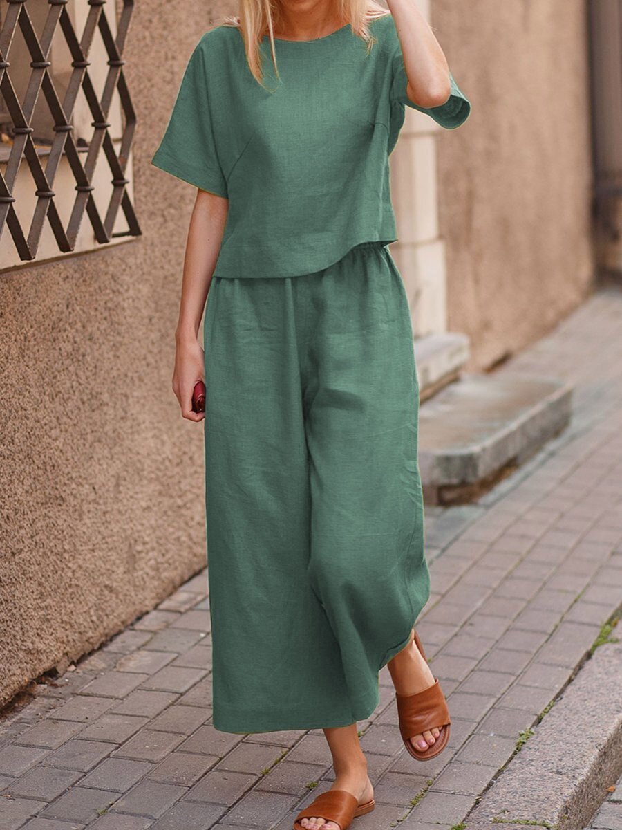 European And American Women's Linen Casual Loose Solid Color Suit Two-piece Women Dark green