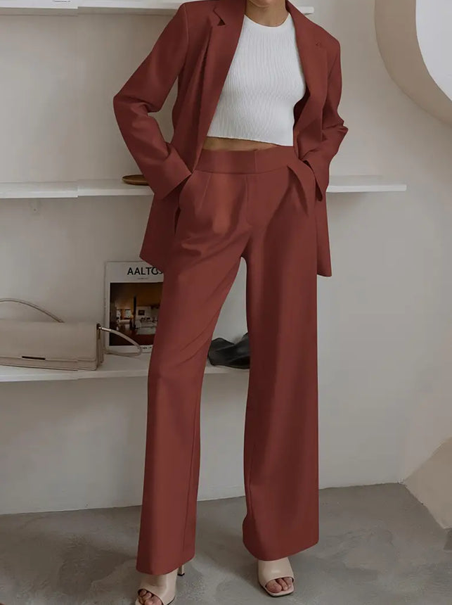 Women's Fashion Casual Solid Color Coat Trousers Suit Brick red