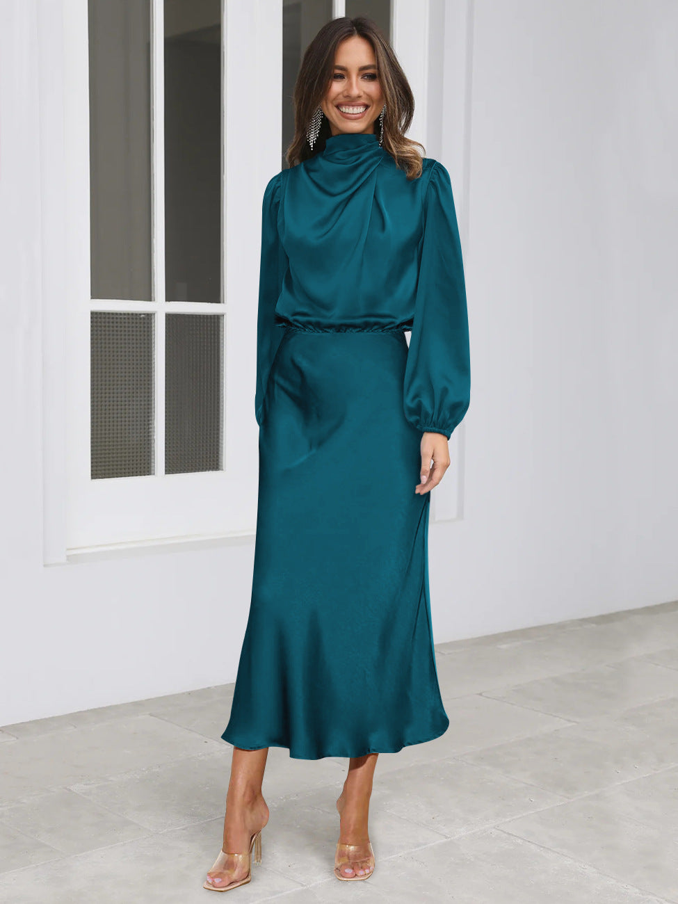 Elegant Temperament Long-sleeved Dress Satin Halterneck Formal Evening Dresses Women Clothing GQTG096 Lake Blue