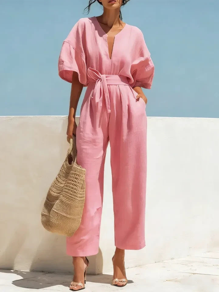 Fashionable V-Neck Solid Color Cotton-Linen Jumpsuit For Women Pink