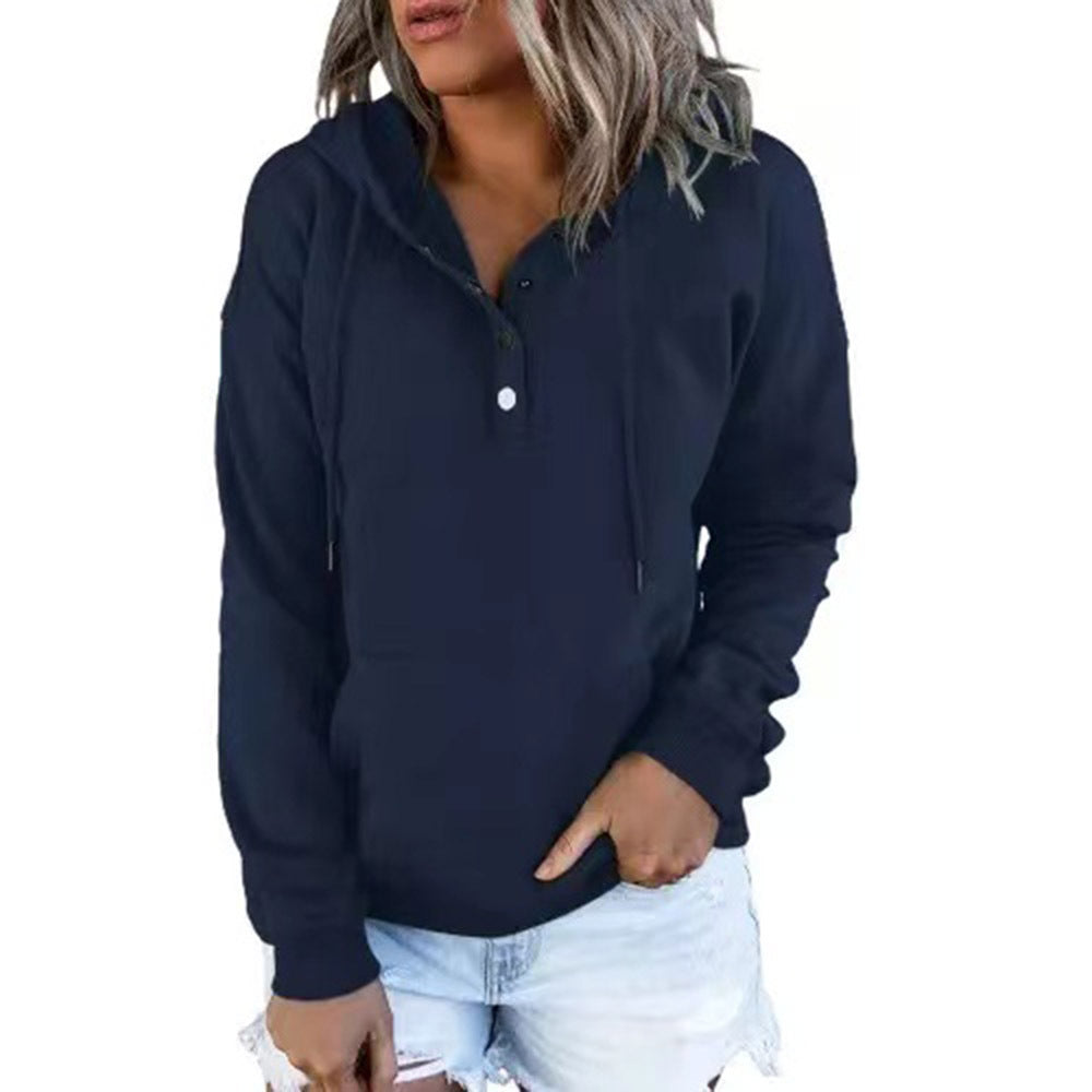 Long-sleeved Hooded Sweatshirt With Pockets Fashion Casual Button Drawstring Design Hoodie Top Spring And Autumn Sports Clothing For Women Navy Blue