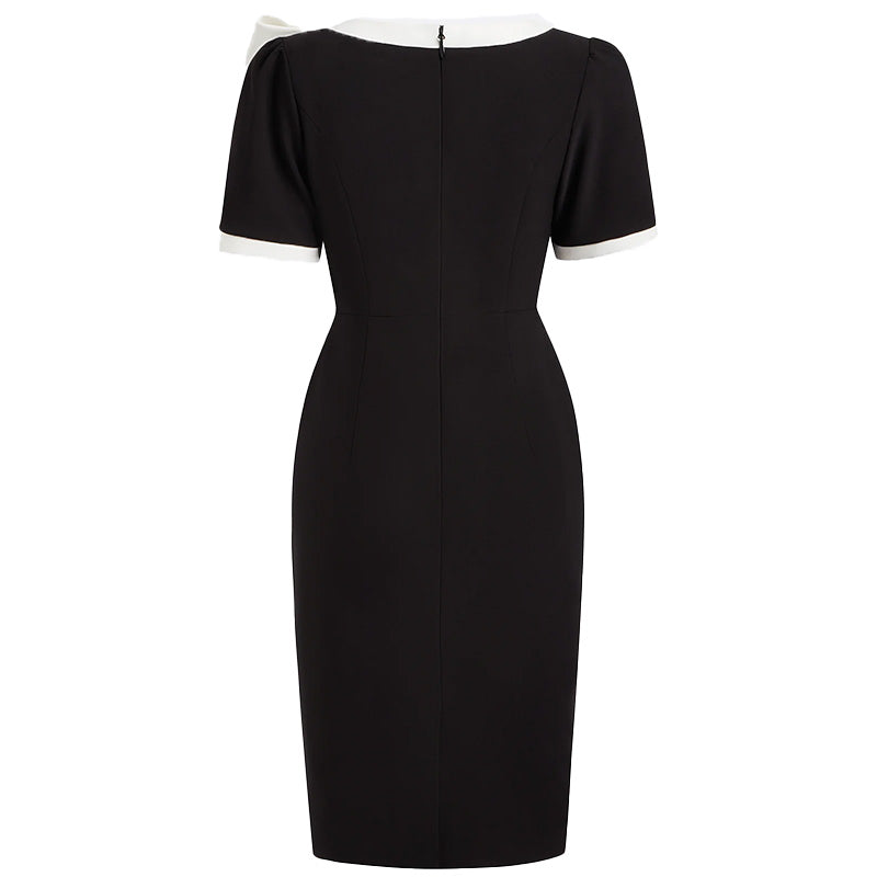 Women Crew Neck Short Sleeve Bow Color-Block Slim Fit Dress
