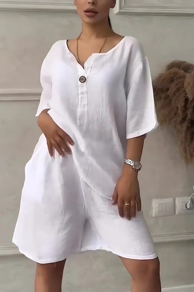 Cotton-linen Shirt Set With High-waisted Loose Shorts For Women White