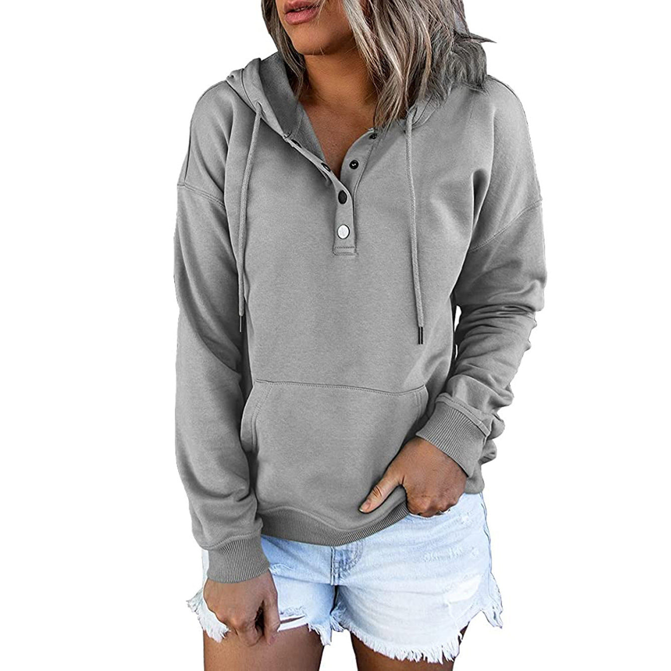 Long-sleeved Hooded Sweatshirt With Pockets Fashion Casual Button Drawstring Design Hoodie Top Spring And Autumn Sports Clothing For Women Gray