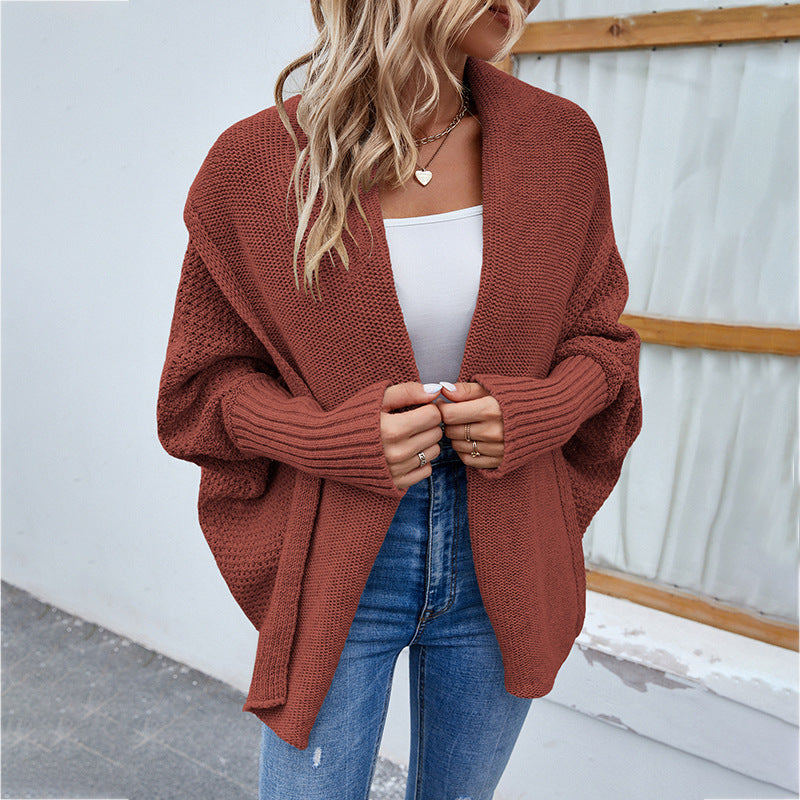 New Loose Knitted Sweater Solid Color Bat Sleeve Large Lapel Cardigan Autumn And Winter Fashion Jacket For Women Clothing Red