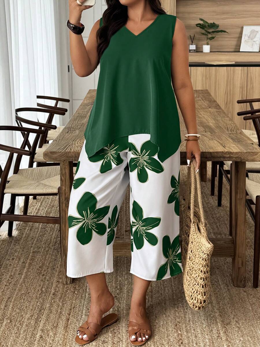 Women's Casual Elegant Printed Cropped Pants Set Green