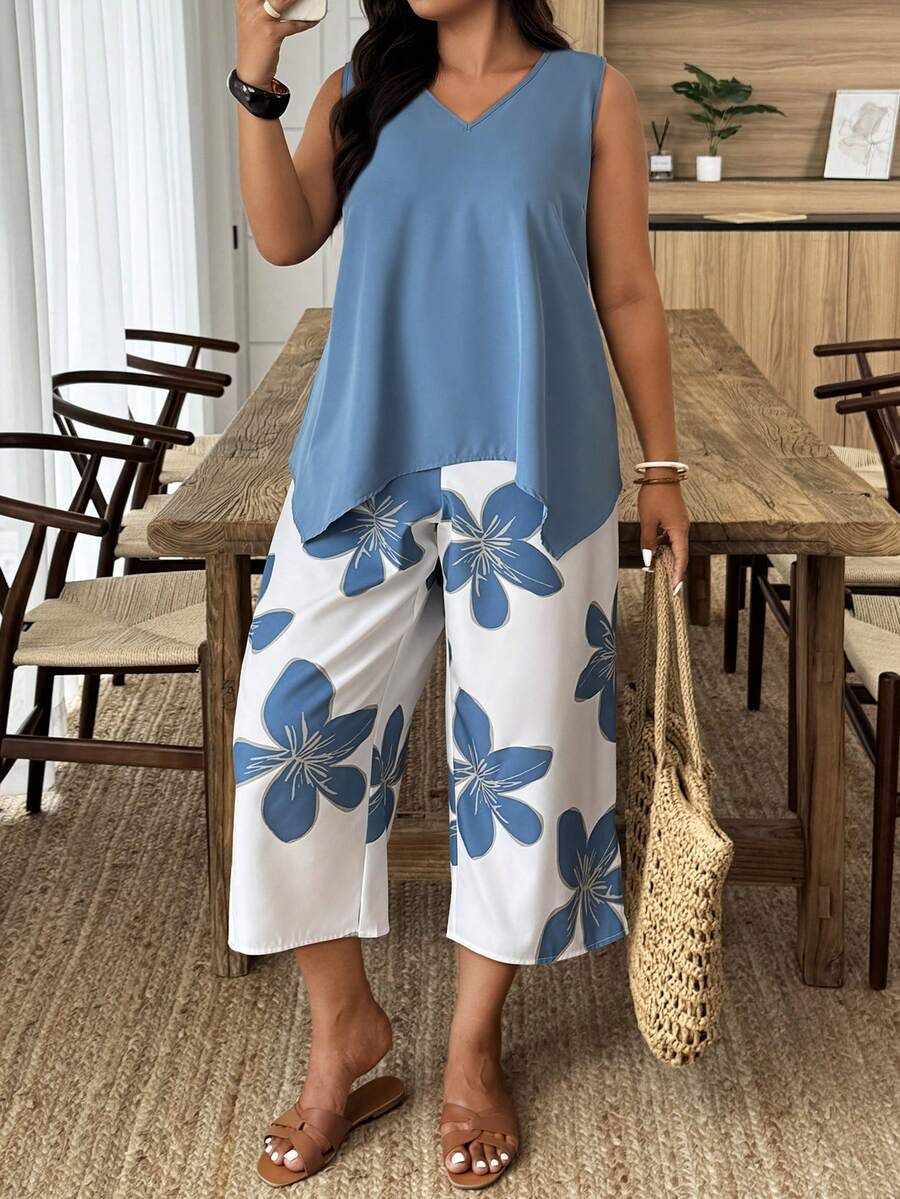Women's Casual Elegant Printed Cropped Pants Set Sky Blue
