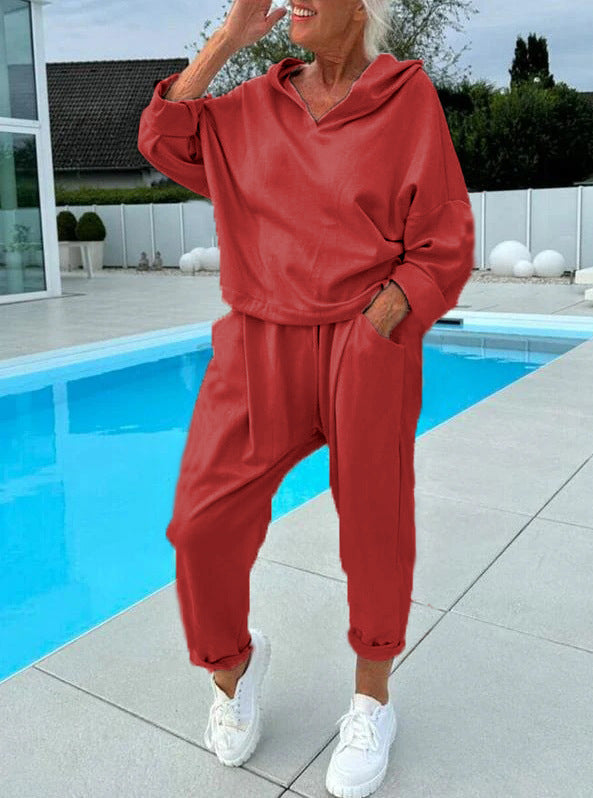 Women's Solid Color Hooded Sweatshirt Two-piece Set Red