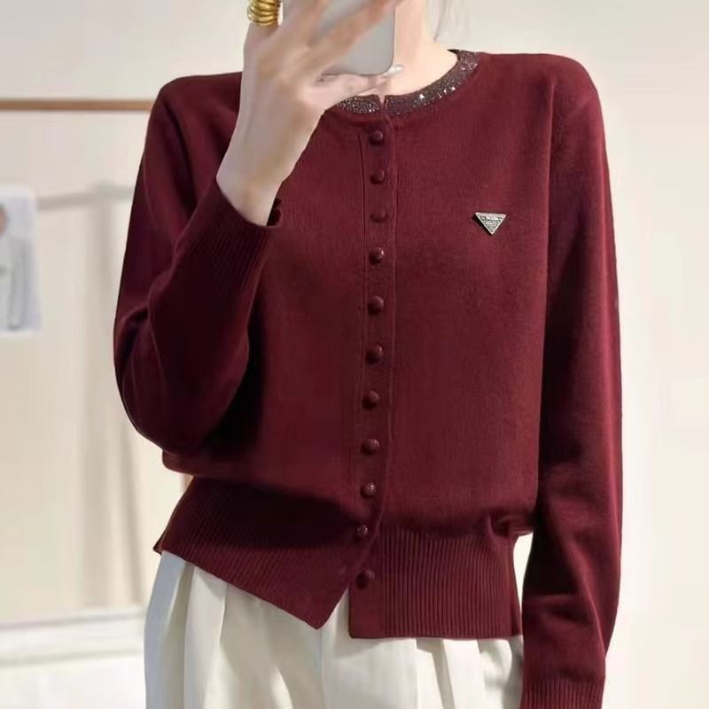 Womens Round-Neck, Diamond-Embellished, Solid-Colored Knit Cardigan Angora Red