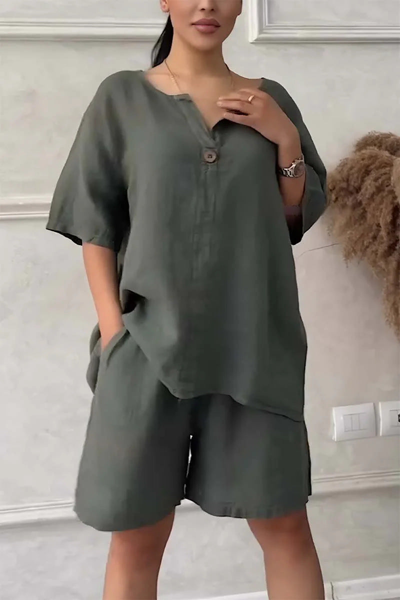 Cotton-linen Shirt Set With High-waisted Loose Shorts For Women Army Green