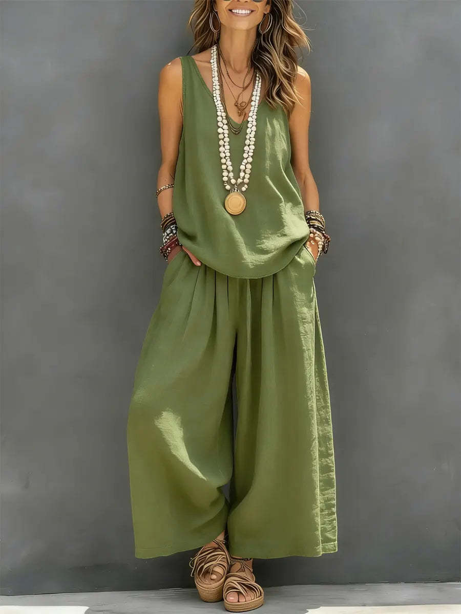 Womens Solid-Colored Casual Sleeveless Tank Top And Wide-Leg Pants Cotton-Linen Set Green