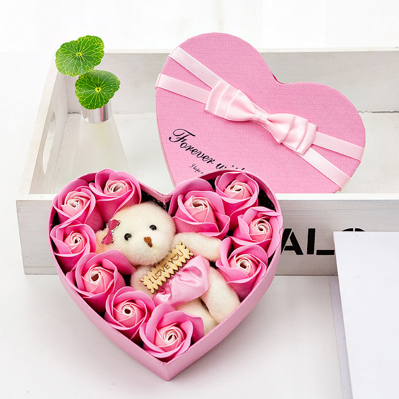 10 Soap Flower Rose Gift Box Bear Christmas Girlfriend Birthday Wedding Gift for Valentine's Day Pink color