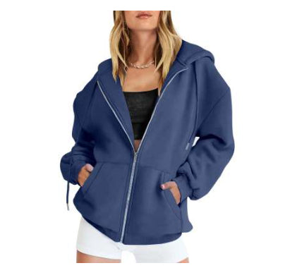 Women's Fashion Casual Solid Color Drawstring Zipper Hooded Sweatshirt Navy Blue