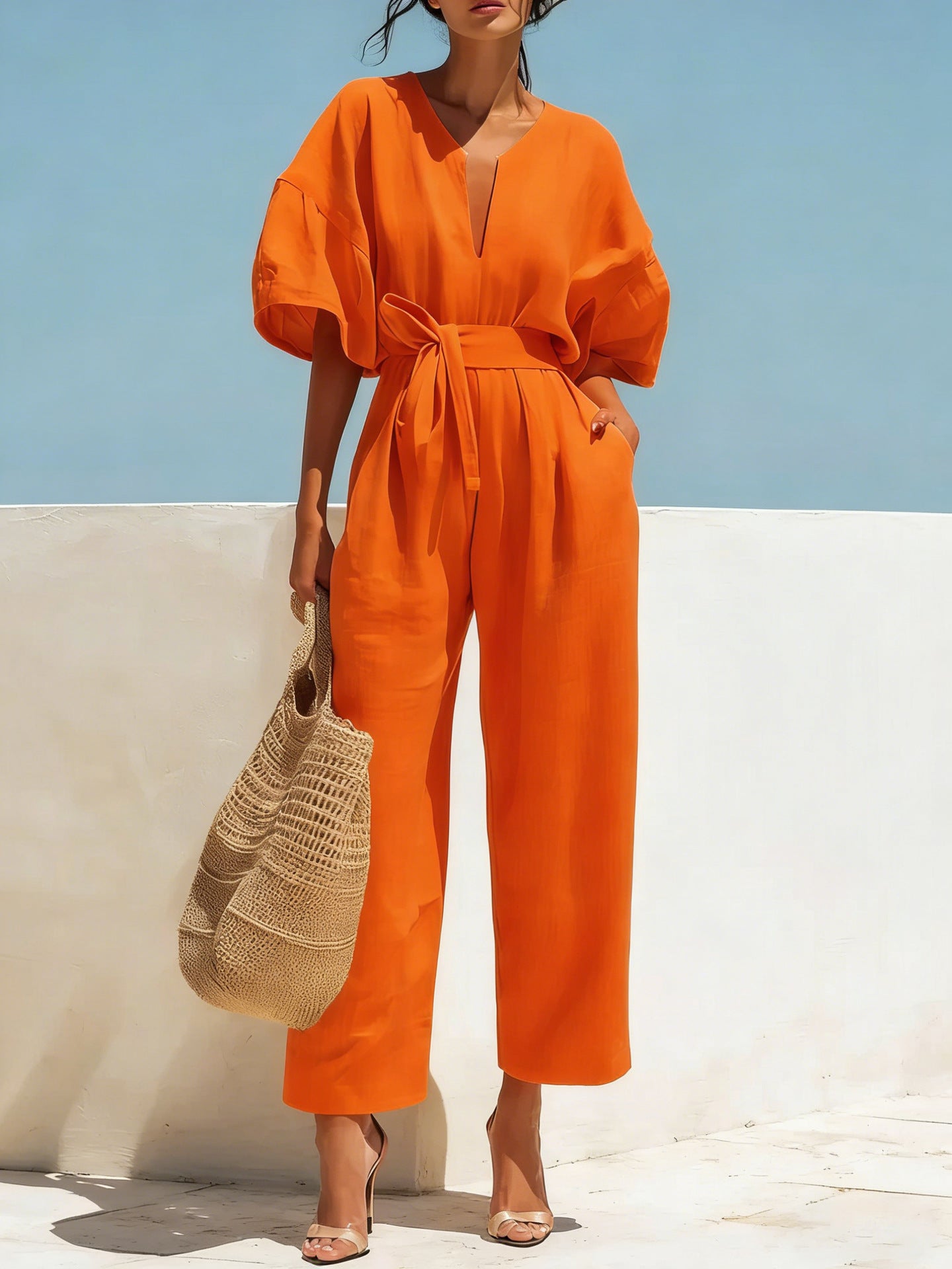 Fashionable V-Neck Solid Color Cotton-Linen Jumpsuit For Women Orange Red