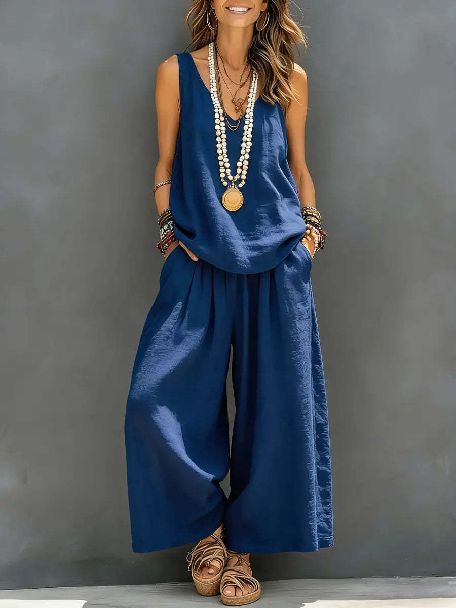 Womens Solid-Colored Casual Sleeveless Tank Top And Wide-Leg Pants Cotton-Linen Set Blue