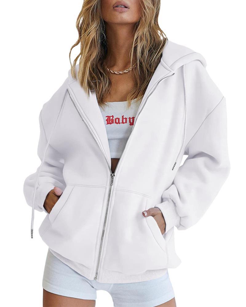 Women's Fashion Casual Solid Color Drawstring Zipper Hooded Sweatshirt White