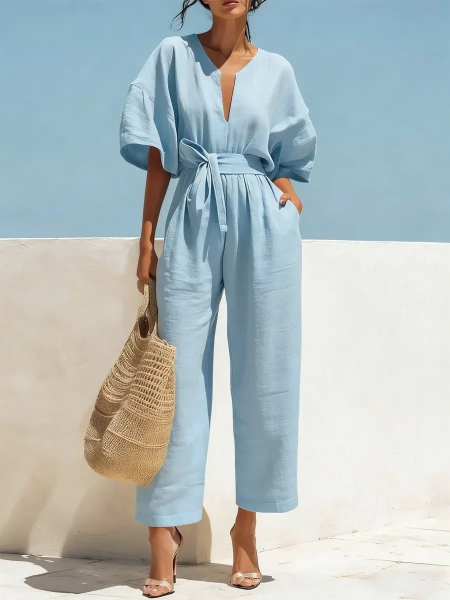 Fashionable V-Neck Solid Color Cotton-Linen Jumpsuit For Women Sky Blue