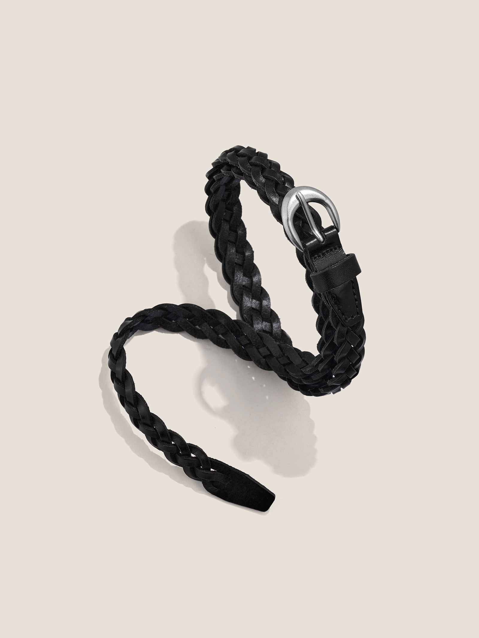 Premium Cowhide Retro Hand-Woven Twisted Thin Belt Black One Size