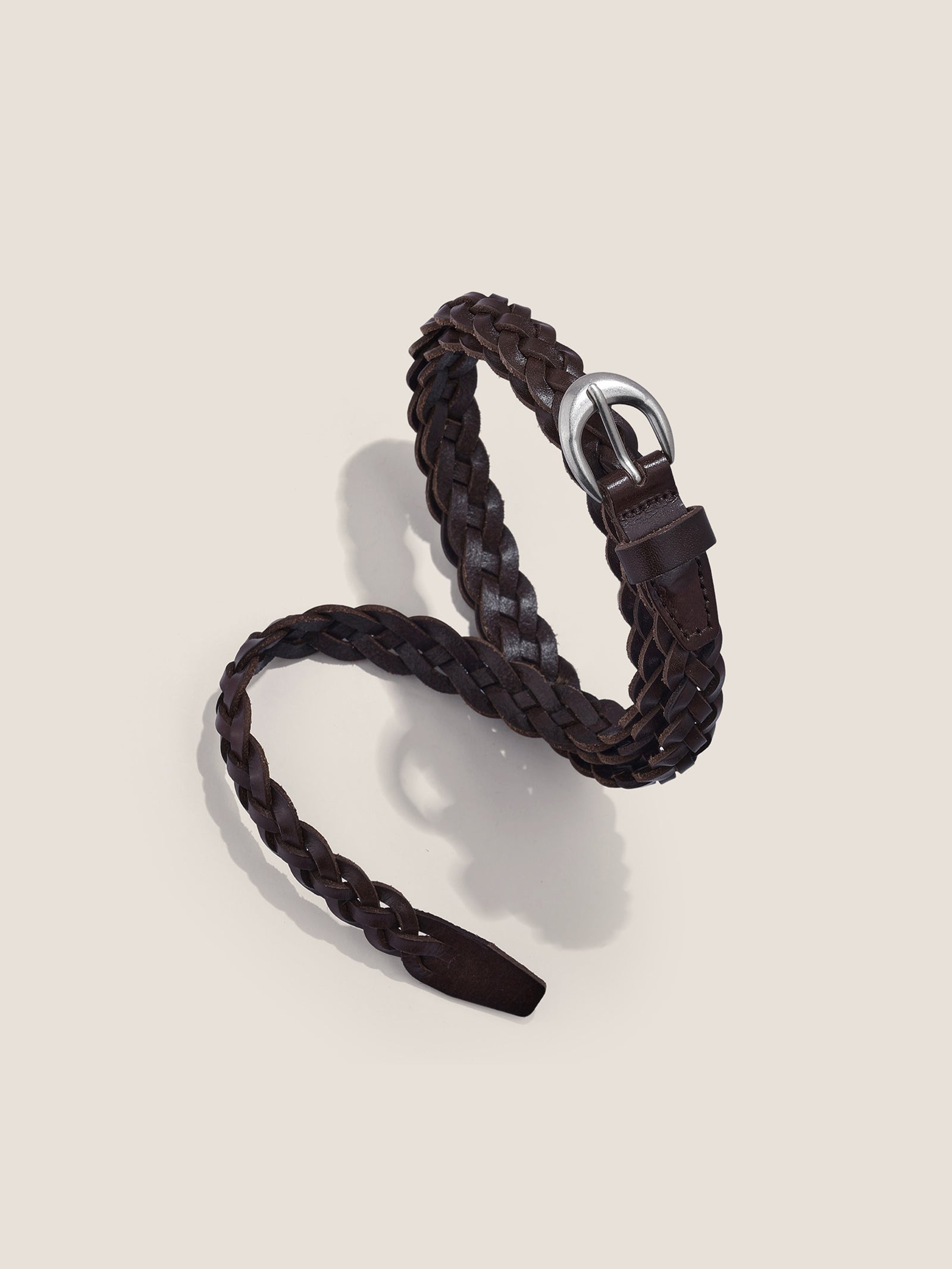 Premium Cowhide Retro Hand-Woven Twisted Thin Belt Coffee One Size