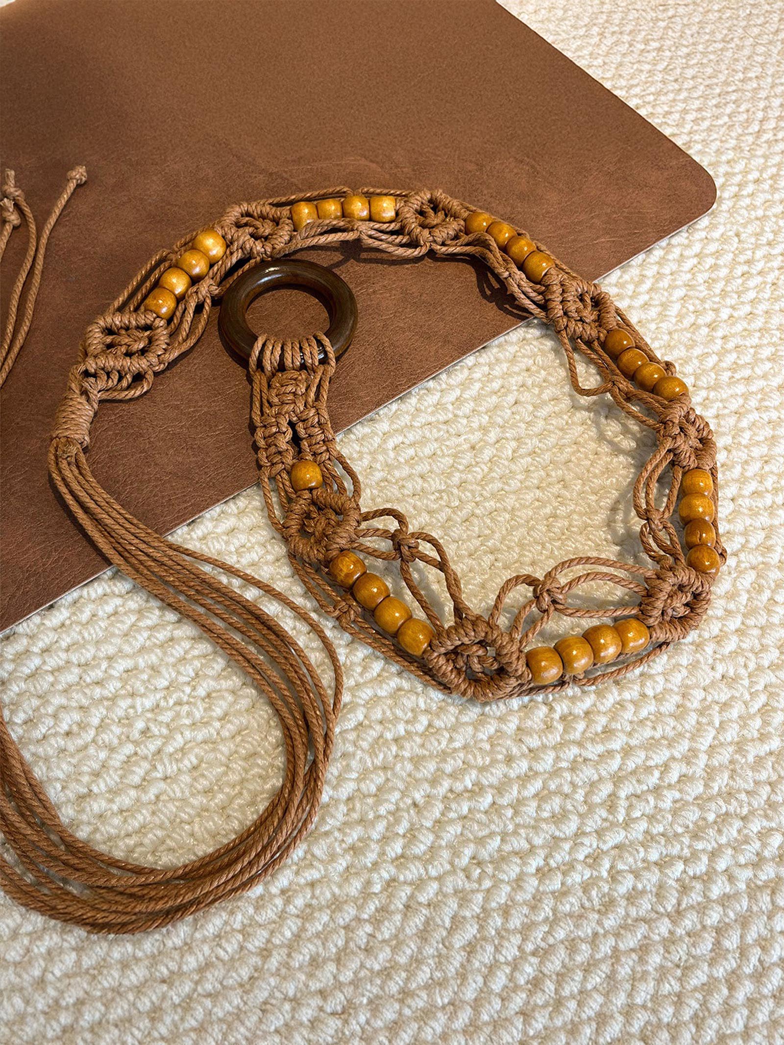 Bohemian Hand-Woven Waxed Cord Waist Rope With Wood Beads Brown One Size