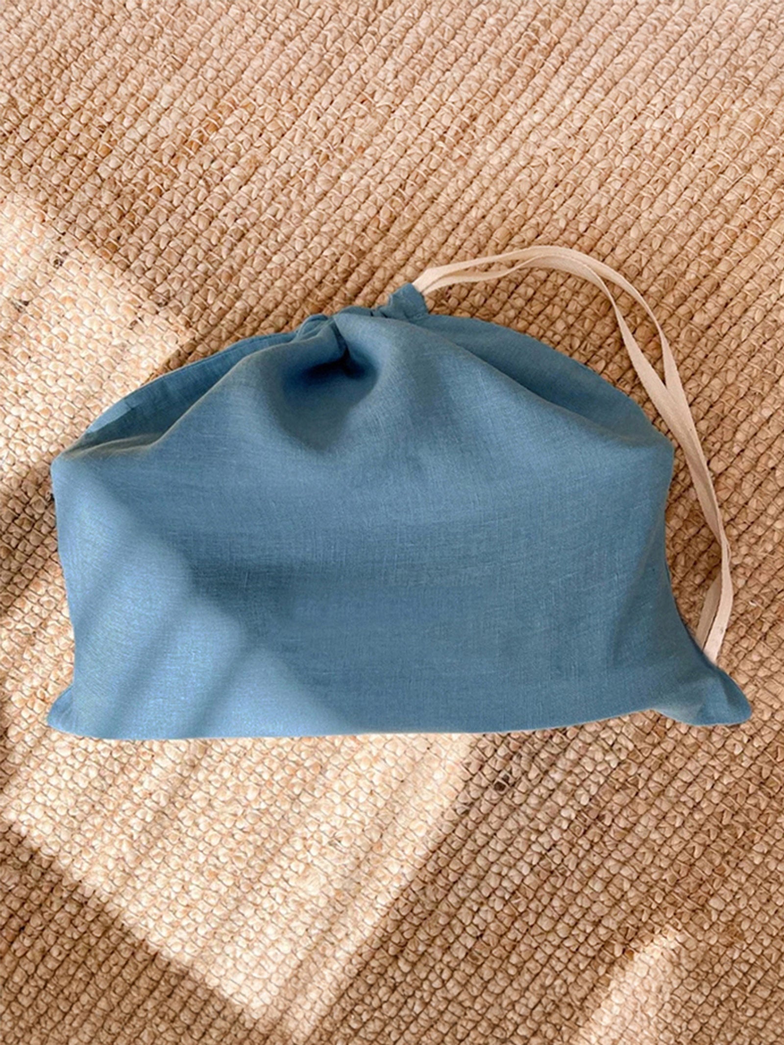 100% Linen Solid-Color Drawstring Storage Bag Mist Blue One Size