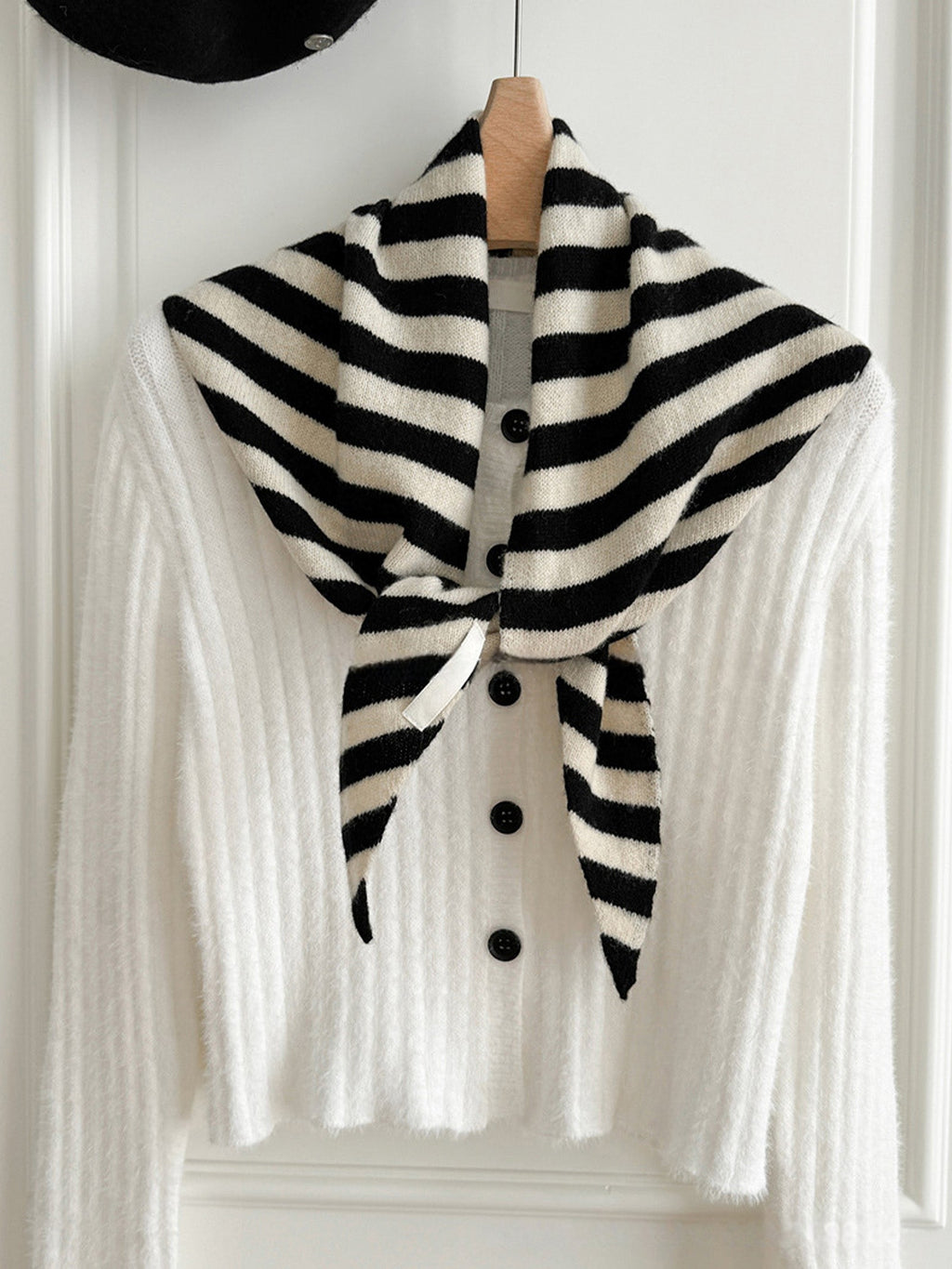 100% Australian Wool Striped Functional Triangle Scarf Black Stripe One Size