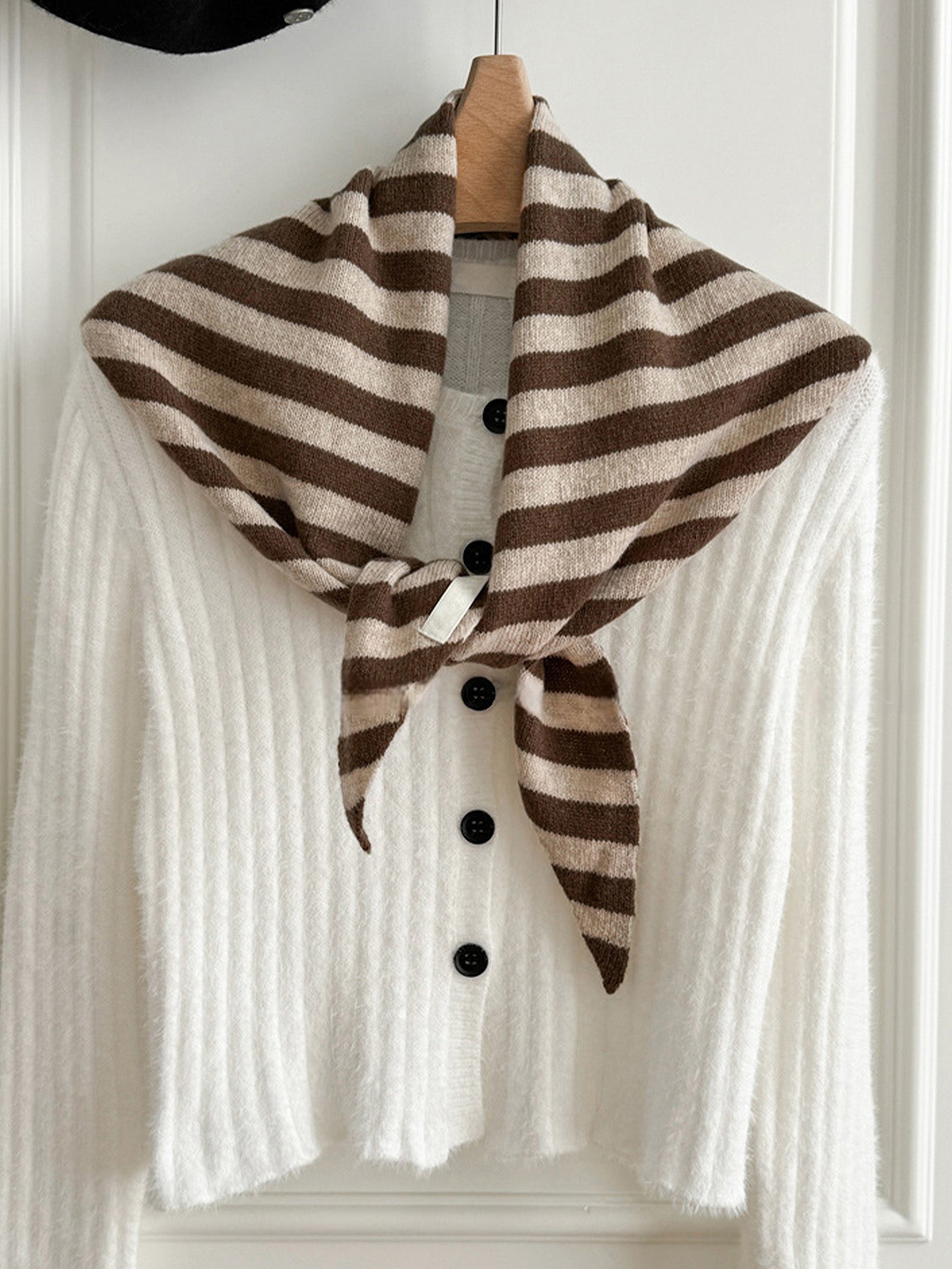100% Australian Wool Striped Functional Triangle Scarf Coffee Stripe One Size
