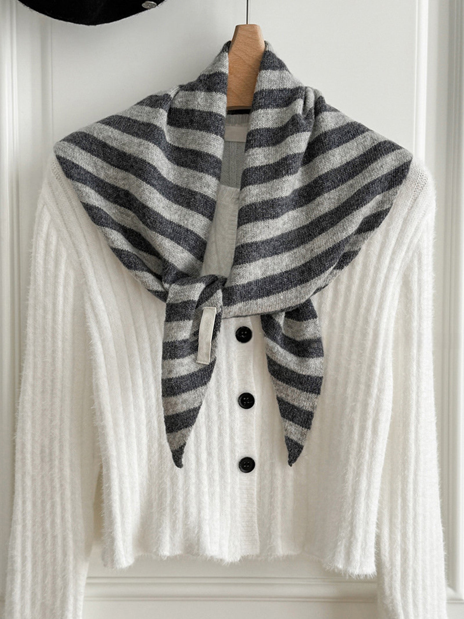 100% Australian Wool Striped Functional Triangle Scarf Gray Stripe One Size