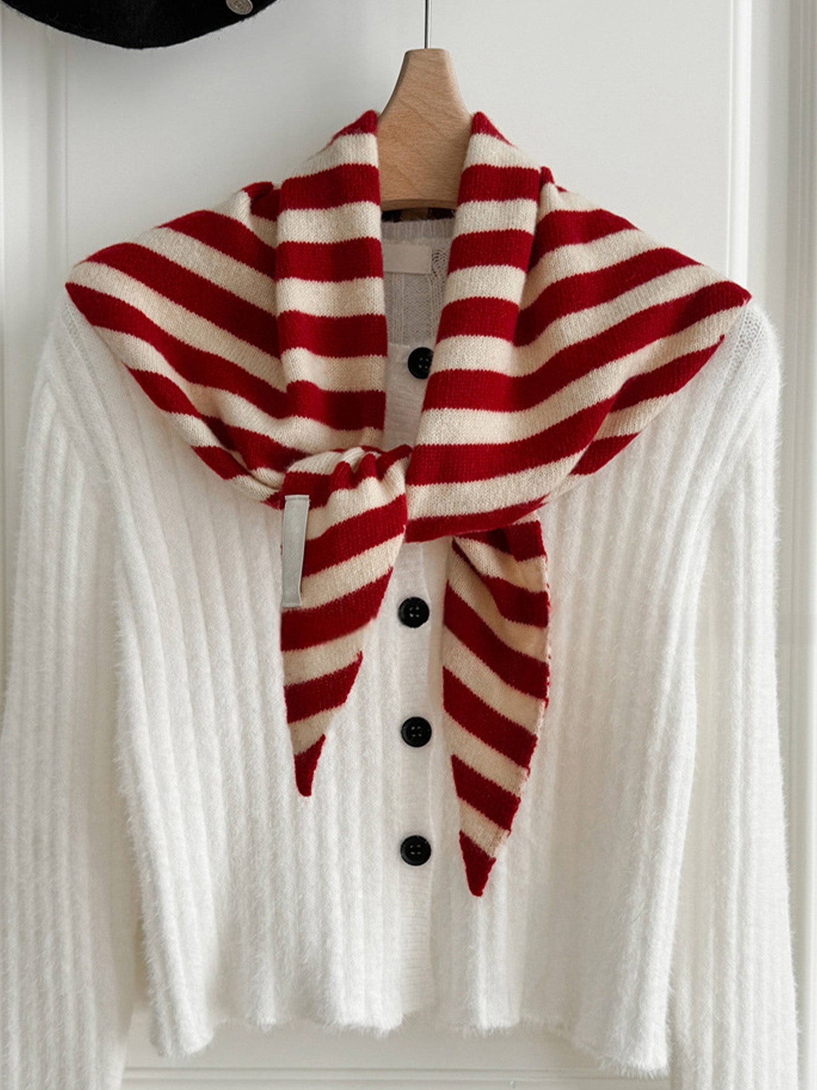 100% Australian Wool Striped Functional Triangle Scarf Red Stripe One Size