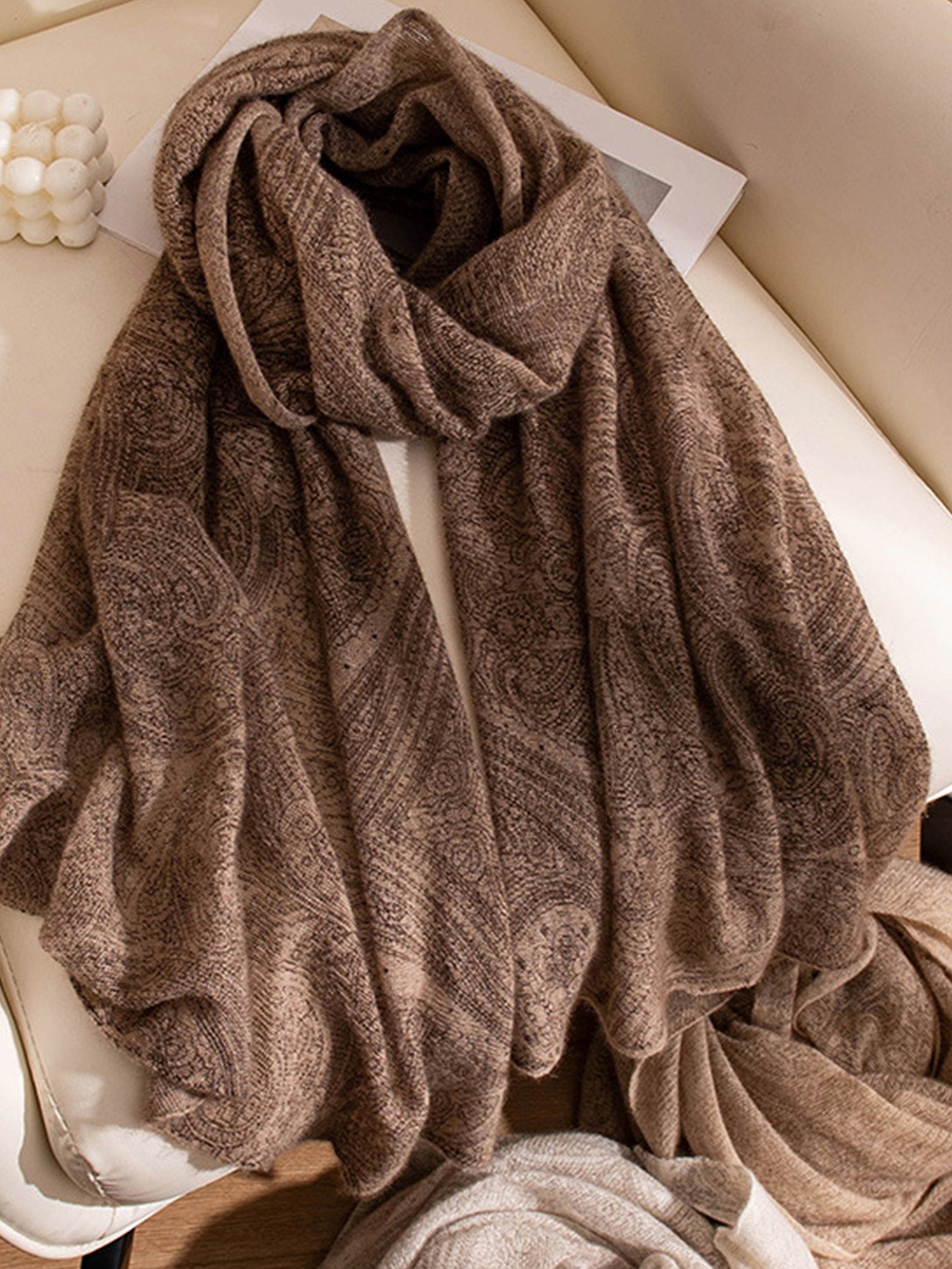 100% Cashmere Printed Hand-Knit Shawl Scarf Dark Brown One Size