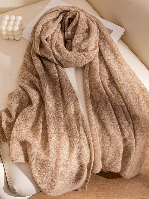 100% Cashmere Printed Hand-Knit Shawl Scarf Light Coffee One Size