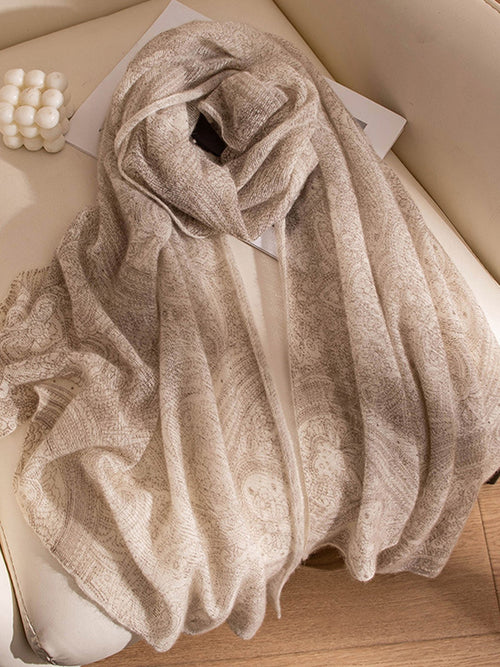 100% Cashmere Printed Hand-Knit Shawl Scarf Oatmeal One Size