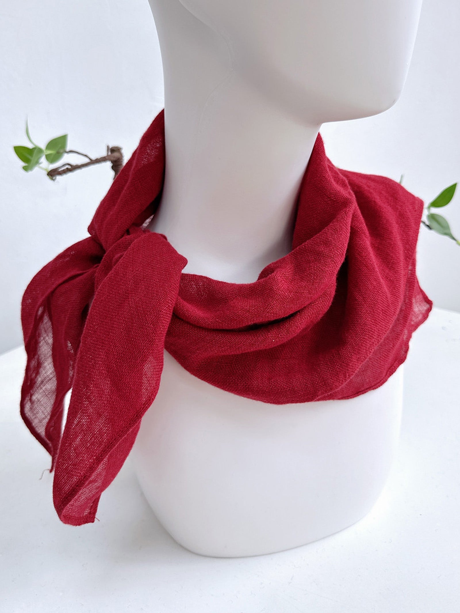 100% Linen Hand-Stitched Square Scarf Burgundy One Size