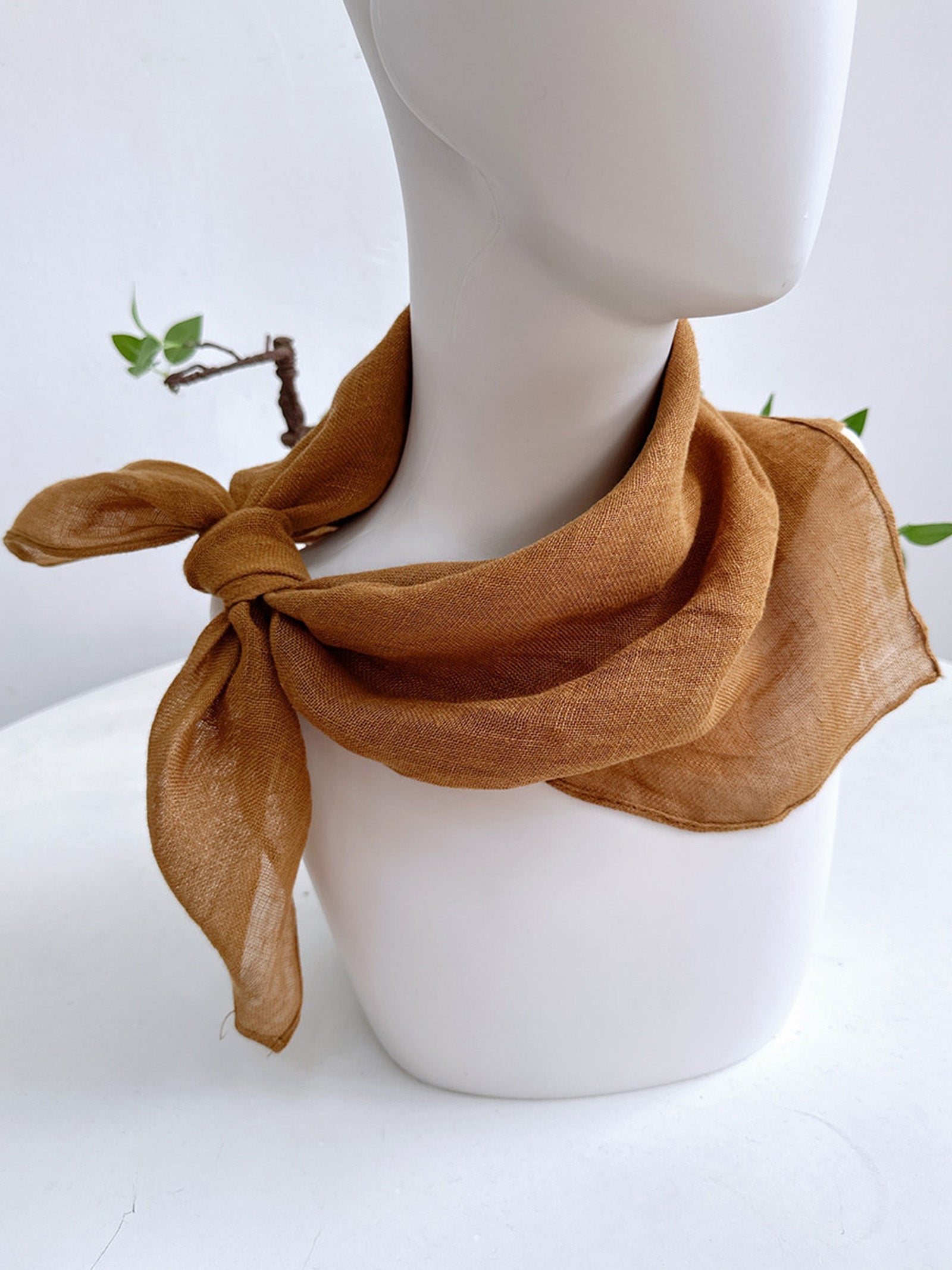 100% Linen Hand-Stitched Square Scarf Coffee One Size