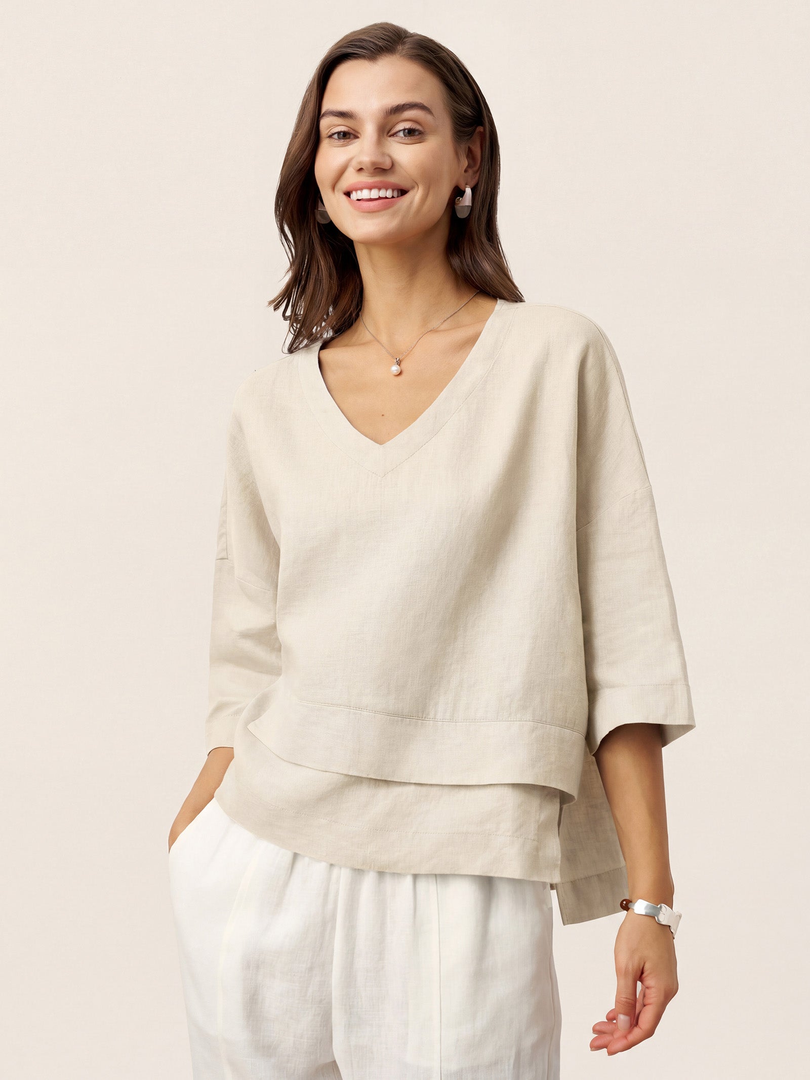 100% Linen Drop Shoulder Asymmetric Layered Hem Overtop VIOLA Natural Melange