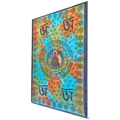 Om Chakra Tapestry Wall Hanging Yoga Meditation Decor 80 x 55 Blue Cotton