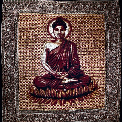Brown Buddha Meditation Batik Tapestry Wall Hanging 90 x 80 Buddha Cotton