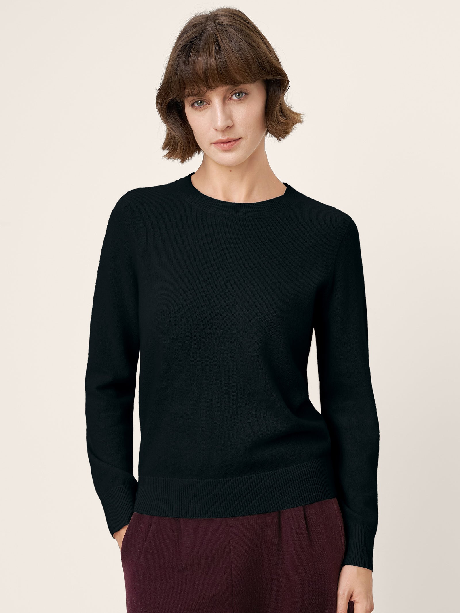 100% Mongolian Cashmere Seamless Ribbed Trims Crewneck Sweater TAWNY Charcoal Black