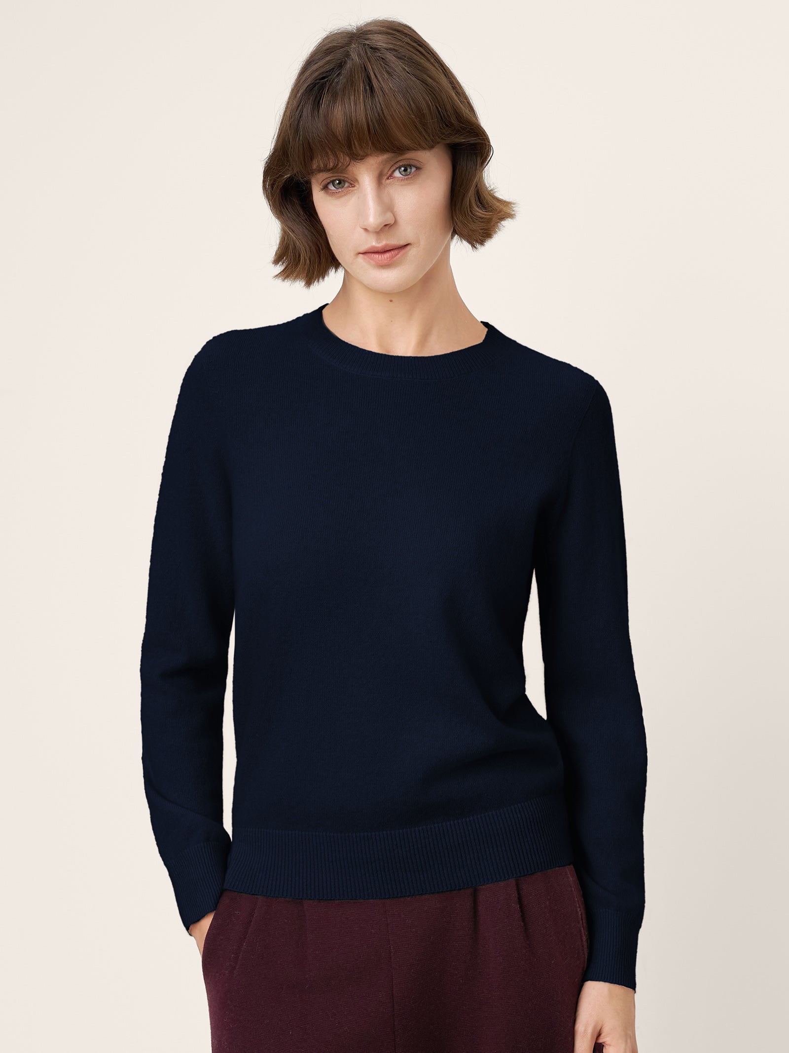 100% Mongolian Cashmere Seamless Ribbed Trims Crewneck Sweater TAWNY Navy Blue