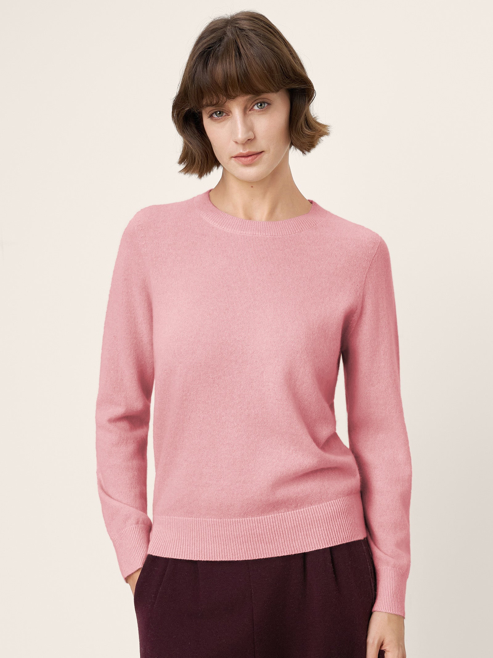 100% Mongolian Cashmere Seamless Ribbed Trims Crewneck Sweater TAWNY Pastel Pink