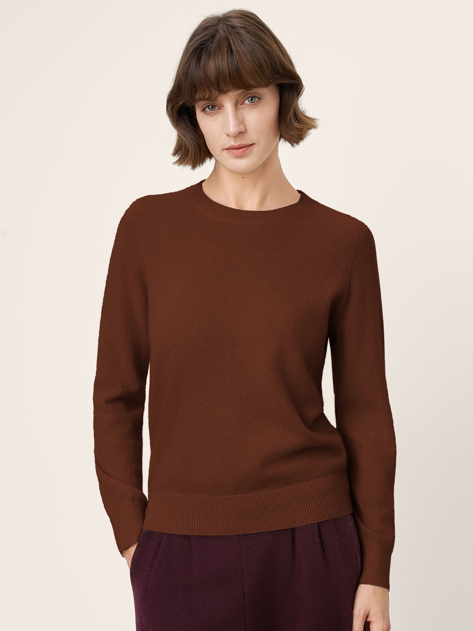 100% Mongolian Cashmere Seamless Ribbed Trims Crewneck Sweater TAWNY Walnut