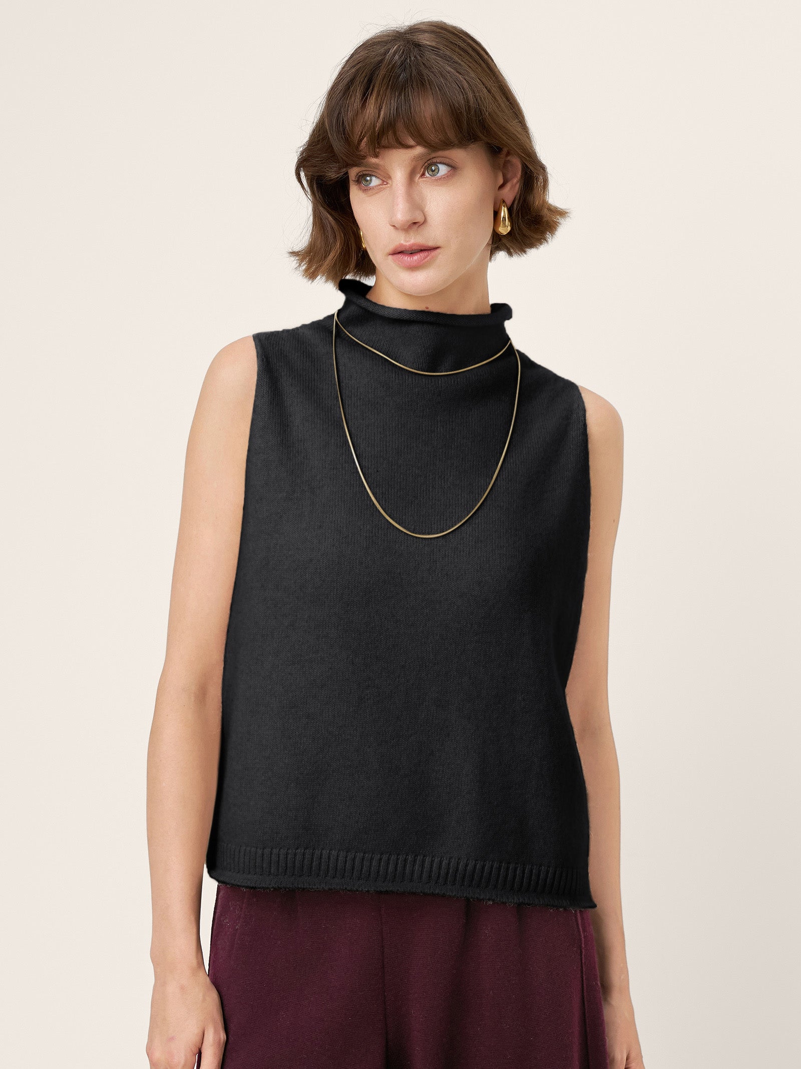 100% Mongolian Cashmere Hand-Finished Rolled Edge Sleeveless Turtleneck Knit Top DAISY Charcoal Grey